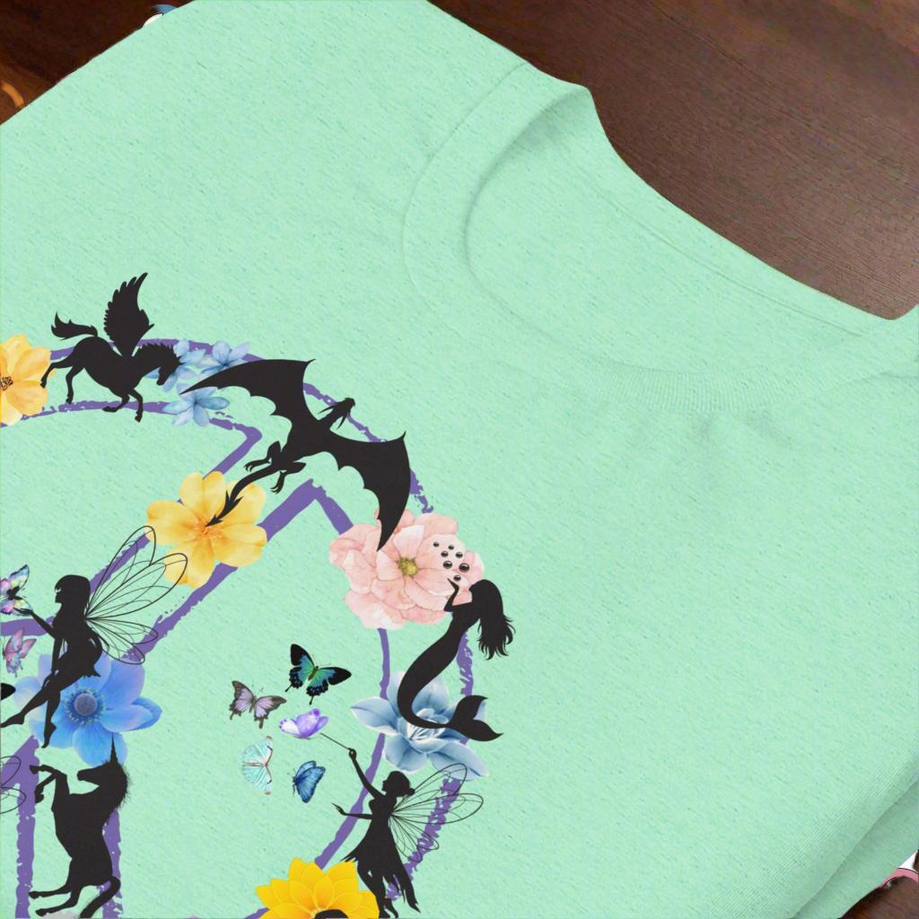 70s Vintage Peace Sign men's mint T-Shirt Front View on counter. Purple Peace sign filled in with dragons, mermaids, fairies, unicorns, pegasi, witches, flowers, and butterflies.