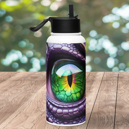 View of the emerald green eye of a purple scaled dragon staring out at you. White stainless steel water bottle/tumbler with a black lid. Flip up straw is standing up and handle is sticking up to the left.