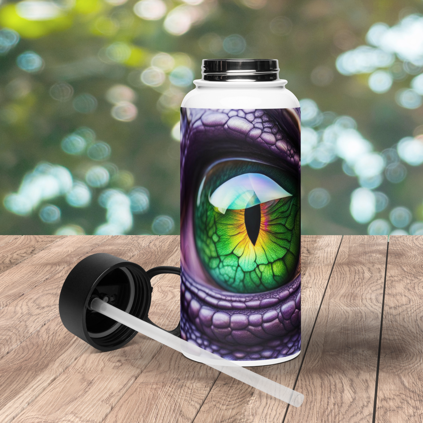 View of the lid off of the 32 oz stainless steel water bottle. The lid is on the wood table next to the bottle. You can see the plastic straw that is inserted into the bottom of the lid. You can see the top of the stainless steel bottle and where the lid screws onto the top.