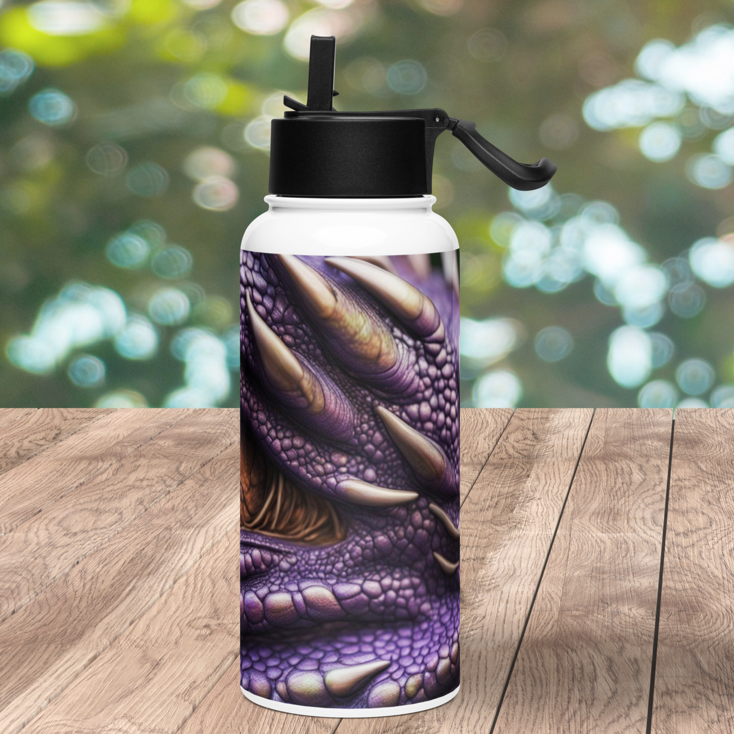 View of right side of eye going towards the snout with white spikes sticking out of purple scales. Flip up straw in black lid is up and handle is out to the side on the right.