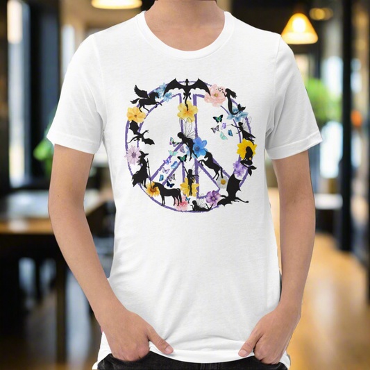 70s Vintage Peace Sign Women's white T-Shirt Front View. Purple Peace sign filled in with dragons, mermaids, fairies, unicorns, pegasi, witches, flowers, and butterflies.
