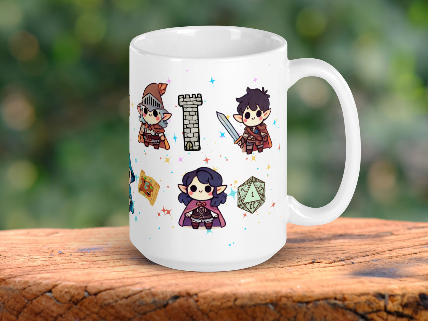 DND Chibi Characters Mug. 15 oz Ceramic Coffee Cup for Dungeons and Dragons or TTRPG Gamers. The handle is to the right side. You can see three characters. The rogue with grey blue hair, pointed ears, and a metal visor. A thief weilding a sword, short brown hair, pointed ears. With long black hair, pointed ears, a purplish pink robe she could be many different characters.