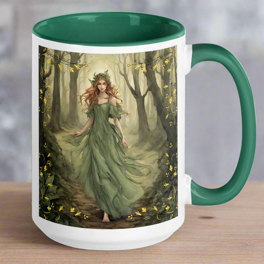 white ceramic mug, green interior and handle, Fae walking barefoot through the forest in a green flowing dress, red brown cascading hair with a wreath of leaves in her hair. Handle to the right