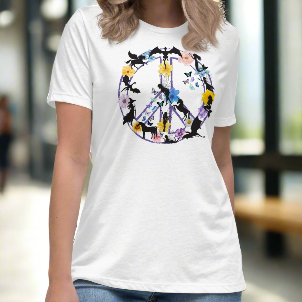 70s Vintage Peace Sign Women's white T-Shirt Front View. Purple Peace sign filled in with dragons, mermaids, fairies, unicorns, pegasi, witches, flowers, and butterflies.