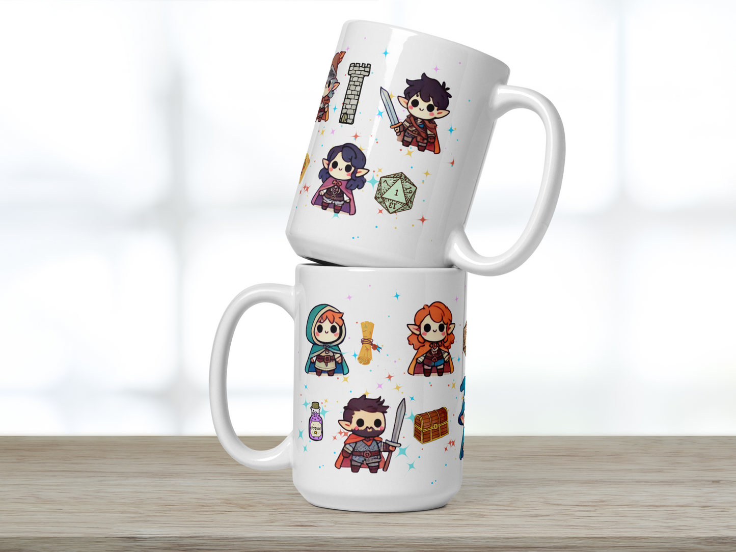 DND Chibi Characters Mug. 15 oz Ceramic Coffee Cup for Dungeons and Dragons or TTRPG Gamers. Image has one cup stacked inside another so that you can see both sides at one time. You can see a D20, castle tower, potion bottle, rogue, fighter, druid, etc. Each one is brightly colored with large eyes and hand drawn.