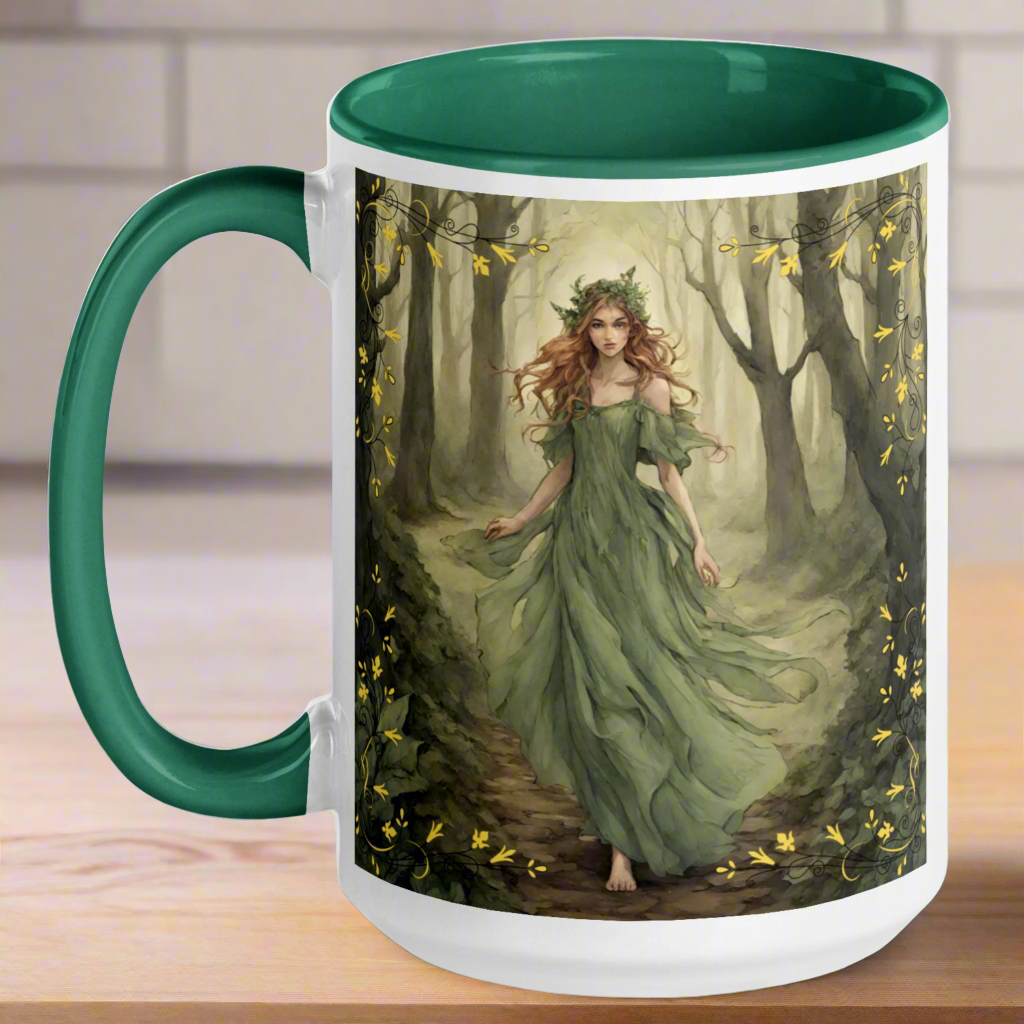 white ceramic mug, green interior and handle, Fae walking barefoot through the forest in a green flowing dress, red brown cascading hair with a wreath of leaves in her hair. handle to the left