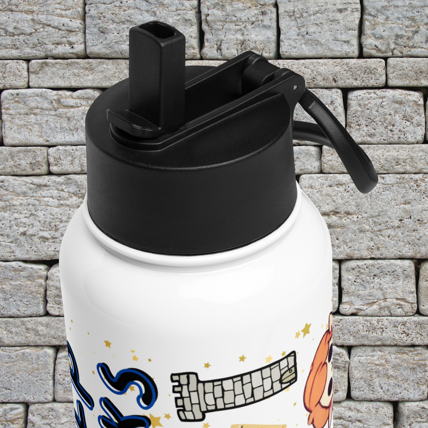 Top view of black lid on water bottle. You can see how the straw flip out of the lid and where the handle moves at the lid.