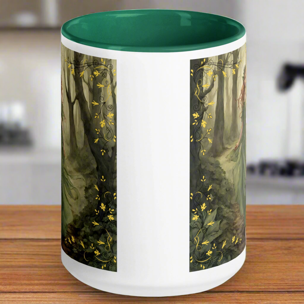 white ceramic mug, green interior and handle, Fae walking barefoot through the forest in a green flowing dress, red brown cascading hair with a wreath of leaves in her hair. handle to the back