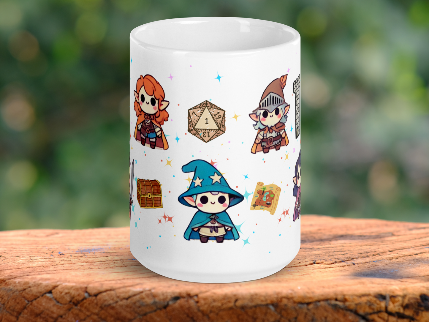 DND Chibi Characters Mug. 15 oz Ceramic Coffee Cup for Dungeons and Dragons or TTRPG Gamers. Handle is to the back of the cup. You can see three characters. The ranger with long red hair and pointed ears, a magic user in a long blue robe with a blue pointed hat with stars and pointed ears. A rogue with grey blue hair, pointed ears, a brown hat with a metal visor. You can see a D20 rolled to a 1, a treasure chest, and an open scroll.