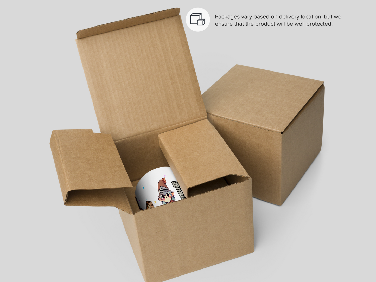 DND Chibi Characters Mug. 15 oz Ceramic Coffee Cup for Dungeons and Dragons or TTRPG Gamers. Image shows mug packaged in a box for shipping. Packages vary based on delivery location, but we ensure that the product will be well protected.