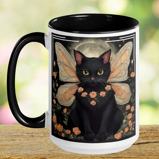Left Side of white ceramic mug with black handle, interior, and rim. Black fairy surrounded by peach roses. Black cat is in front of a night sky. Full moon shows between the black cats wings. Mythical Accessories Emporium