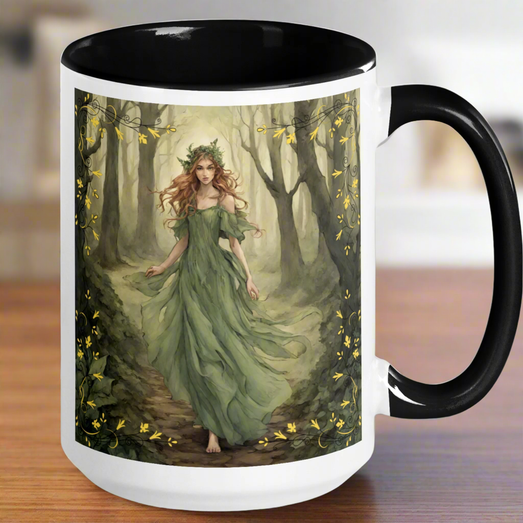 white ceramic mug, black interior and handle, Fae walking barefoot through the forest in a green flowing dress, red brown cascading hair with a wreath of leaves in her hair. handle to the right