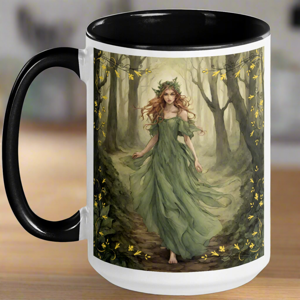 white ceramic mug, black interior and handle, Fae walking barefoot through the forest in a green flowing dress, red brown cascading hair with a wreath of leaves in her hair. handle to the left