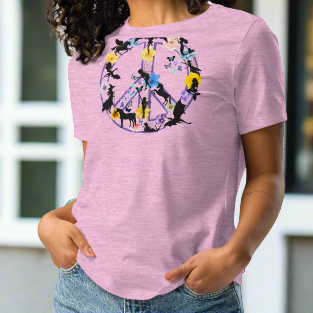 70s Vintage Peace Sign Women's heather prism lilac T-Shirt Front View. Purple Peace sign filled in with dragons, mermaids, fairies, unicorns, pegasi, witches, flowers, and butterflies.