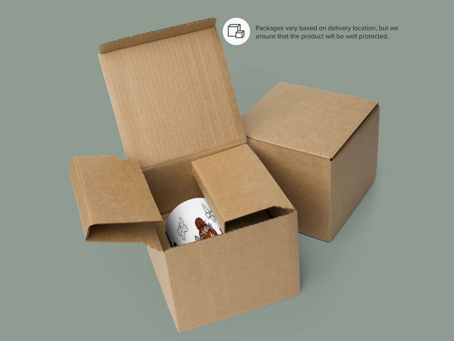 Image shows Fairy Mug in a brown box for shipping. Packages vary based on delivery location, but we ensure that the product will be well protected.