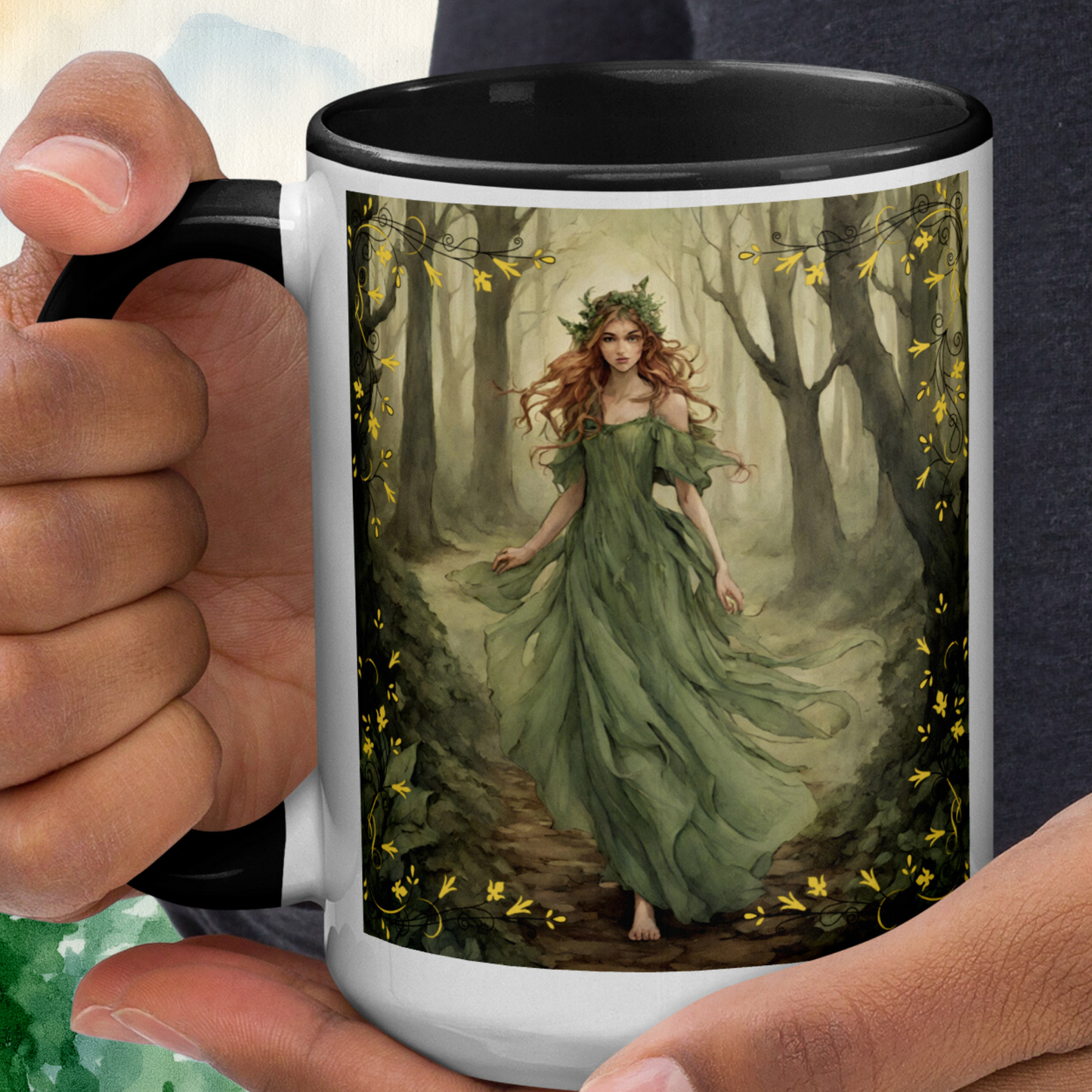 white ceramic mug, black interior and handle, Fae walking barefoot through the forest in a green flowing dress, red brown cascading hair with a wreath of leaves in her hair. handle to the left in models hand