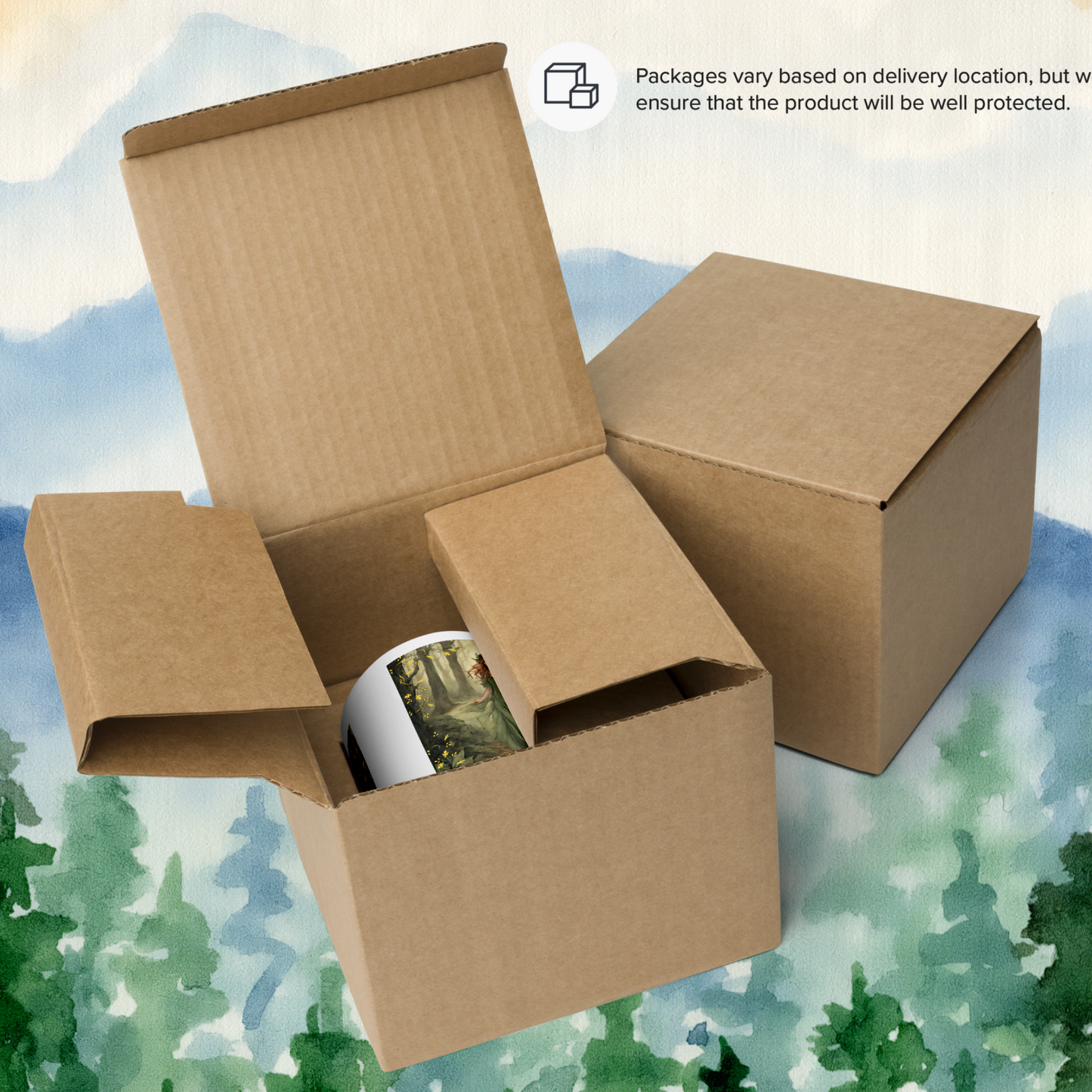 white ceramic mug, black interior and handle, Fae walking barefoot through the forest in a green flowing dress, red brown cascading hair with a wreath of leaves in her hair. Ceramic Mug shown in packaging box