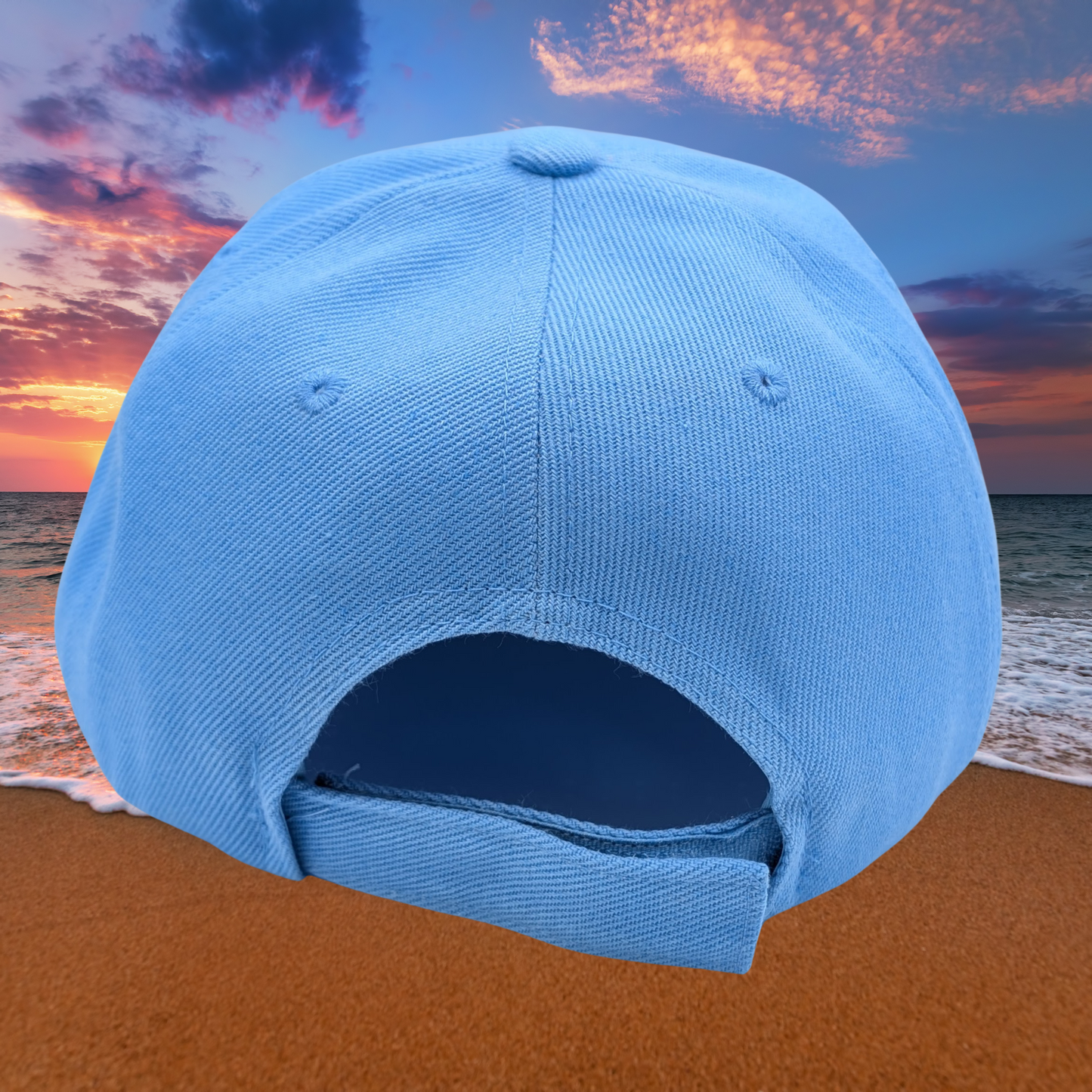 Back View Light Blue Hat. Laser Engraved Leather Patch Text Kraken curved above the image of a Kraken. Kraken Viking Hat