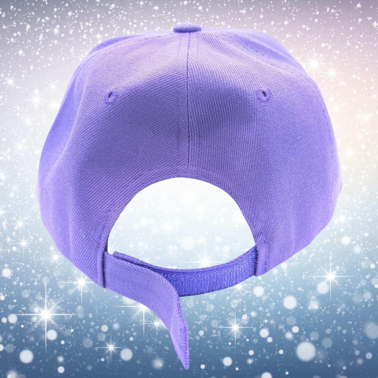 Back view of Baseball Style Purple Hat. This view shows the adjustable velcro strap on the back of the hat slightly undone.