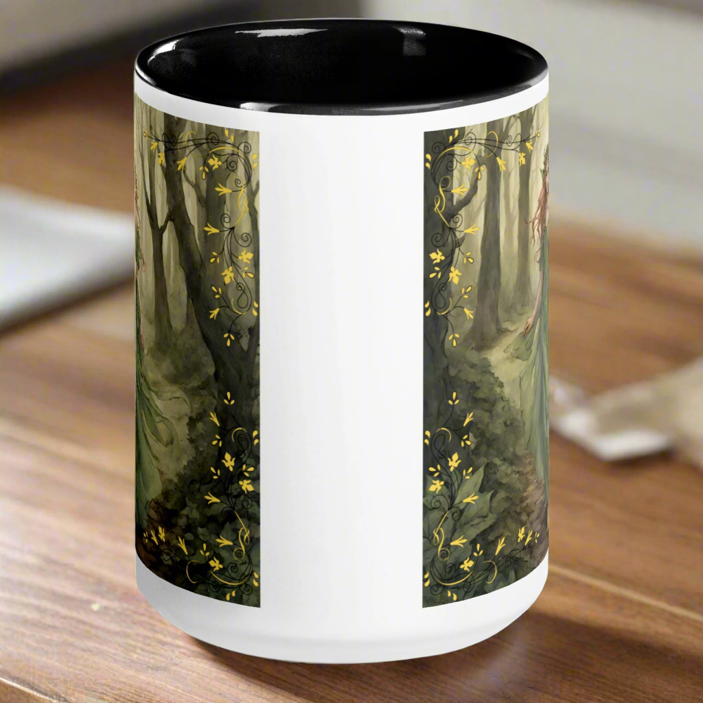 white ceramic mug, black interior and handle, Fae walking barefoot through the forest in a green flowing dress, red brown cascading hair with a wreath of leaves in her hair. handle to the back