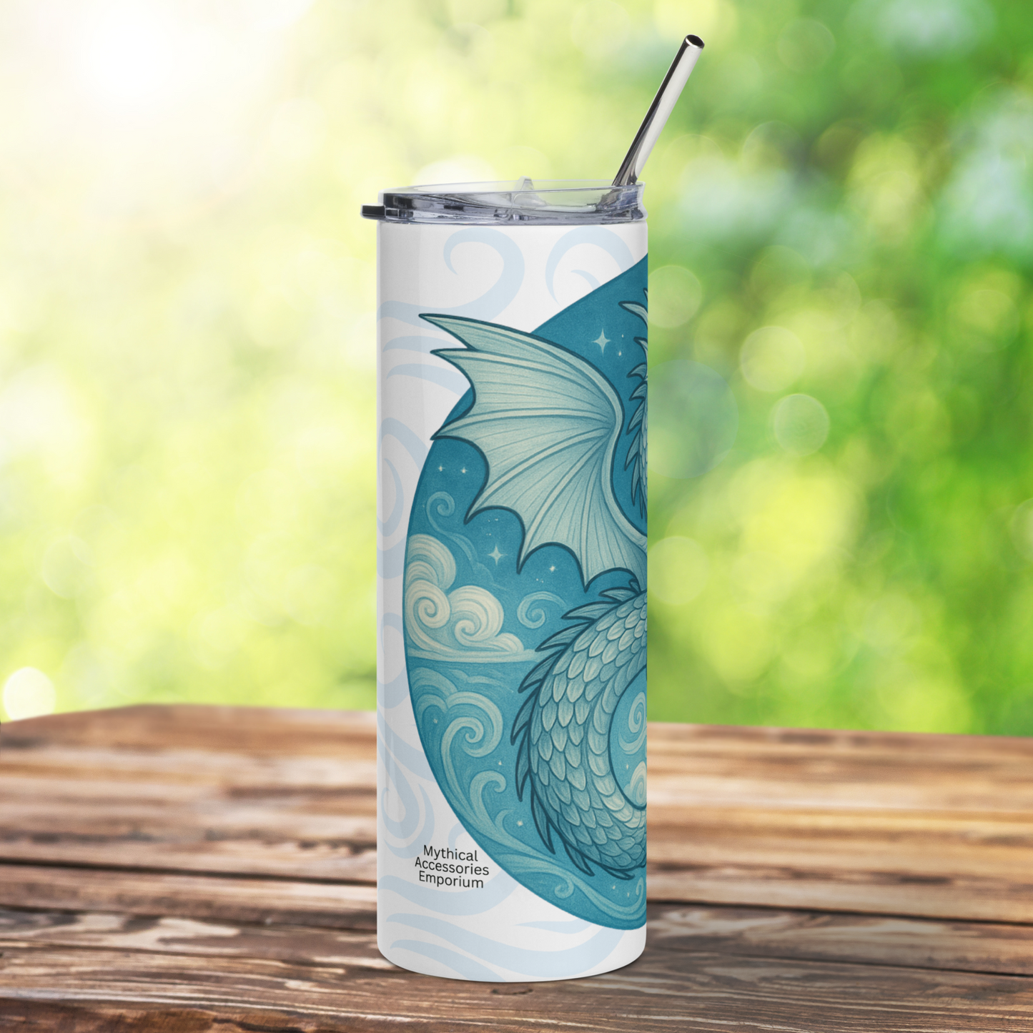 Left side view of Elemental Air Dragon White Stainless Steel Tumbler. Blue Grey Dragon flying in a sun lit blue sky amongst clouds. Behind the circle graphic are air drifts in light blue grey. High Fantasy gift for Her or Him