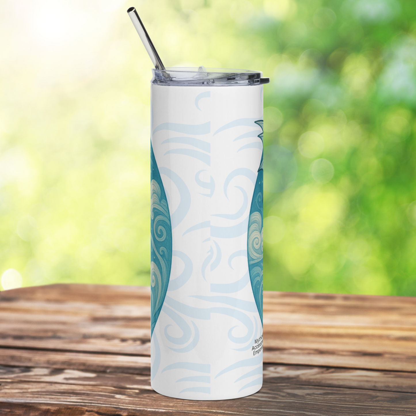 Back side view of Elemental Air Dragon White Stainless Steel Tumbler. Edges of the blue circle graphic are visible on the left and right side. Air movement symbols are in light blue grey. Bookish gift for the office
