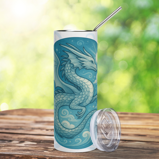 Front view of Elemental Air Dragon White Stainless Steel Tumbler. Blue Grey Dragon flying in a sun lit blue sky amongst clouds. Behind the circle graphic are air drifts in light blue grey. BPA free plastic lid is leaning against right side of tumbler. Fantasy Gift for DND, RPG, and Gamers