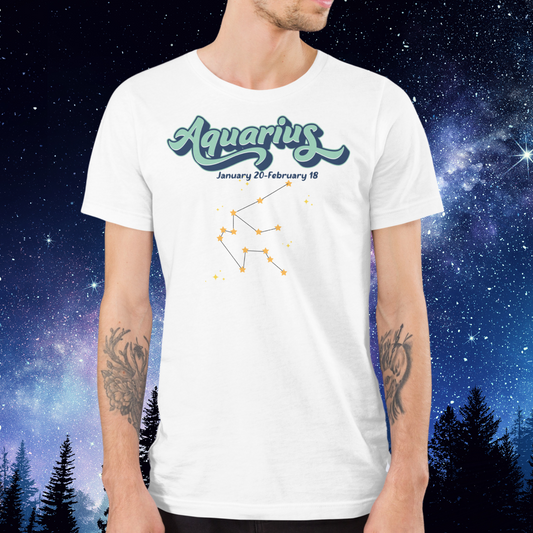 Men's front view Aquarius T-shirt in white. Light blue Aquarius script outlined in deeper blue for a 3-D shadow effect. Below this is January 20- February 18. At the bottom is the Aquarius zodiac constellation with orange yellow stars connected by a black line surrounded by lighter yellow stars. Astrology Zodiac Aquarius Birthday gift for January or February.