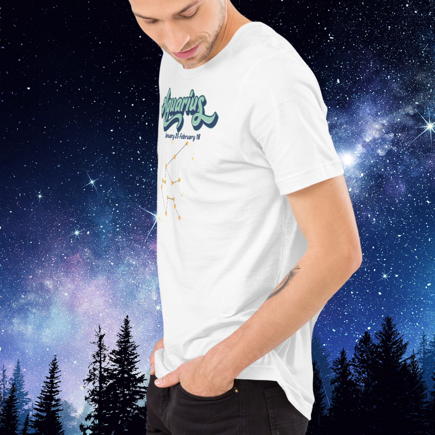 Men's left front view Aquarius T-shirt in white. Light blue Aquarius script outlined in deeper blue for a 3-D shadow effect. Below this is January 20- February 18. At the bottom is the Aquarius zodiac constellation with orange yellow stars connected by a black line surrounded by lighter yellow stars. Astrology Zodiac Aquarius Birthday gift for January or February.
