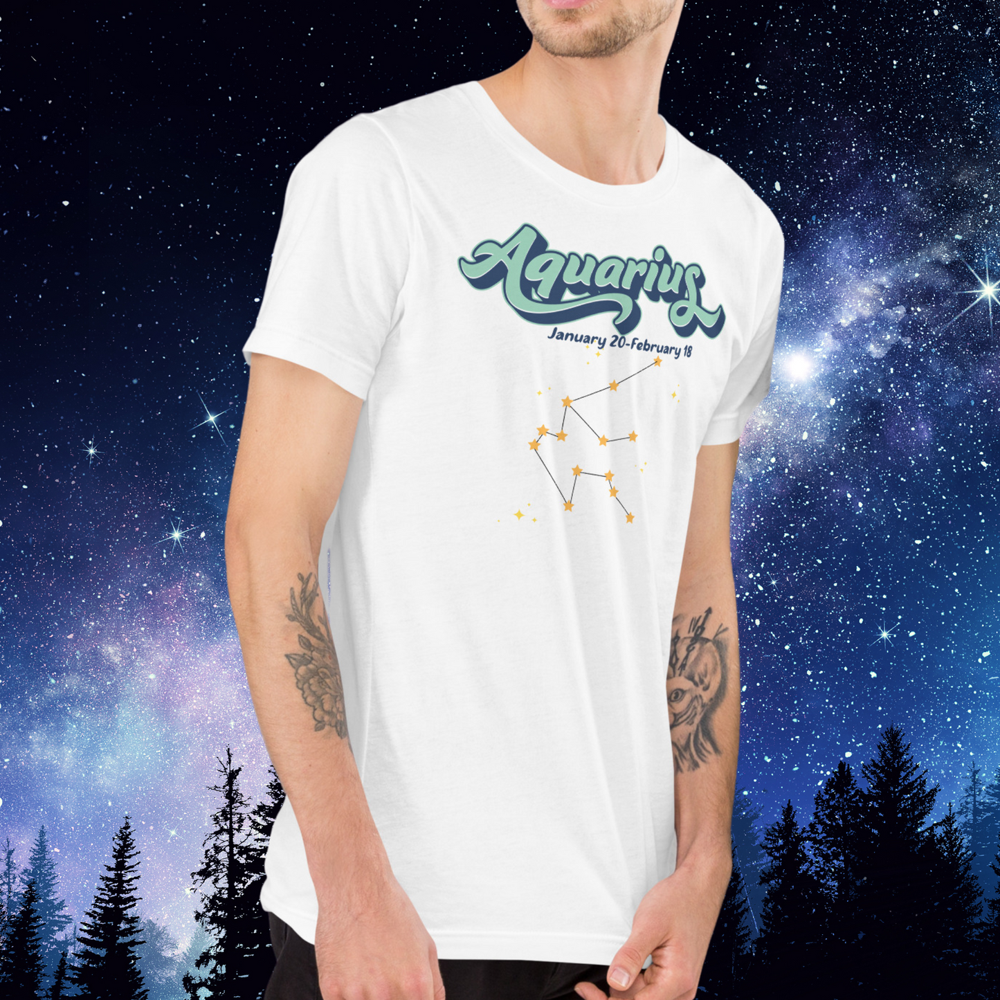 Men's front right view Aquarius T-shirt in white. Light blue Aquarius script outlined in deeper blue for a 3-D shadow effect. Below this is January 20- February 18. At the bottom is the Aquarius zodiac constellation with orange yellow stars connected by a black line surrounded by lighter yellow stars. Astrology Zodiac Aquarius Birthday gift for January or February.