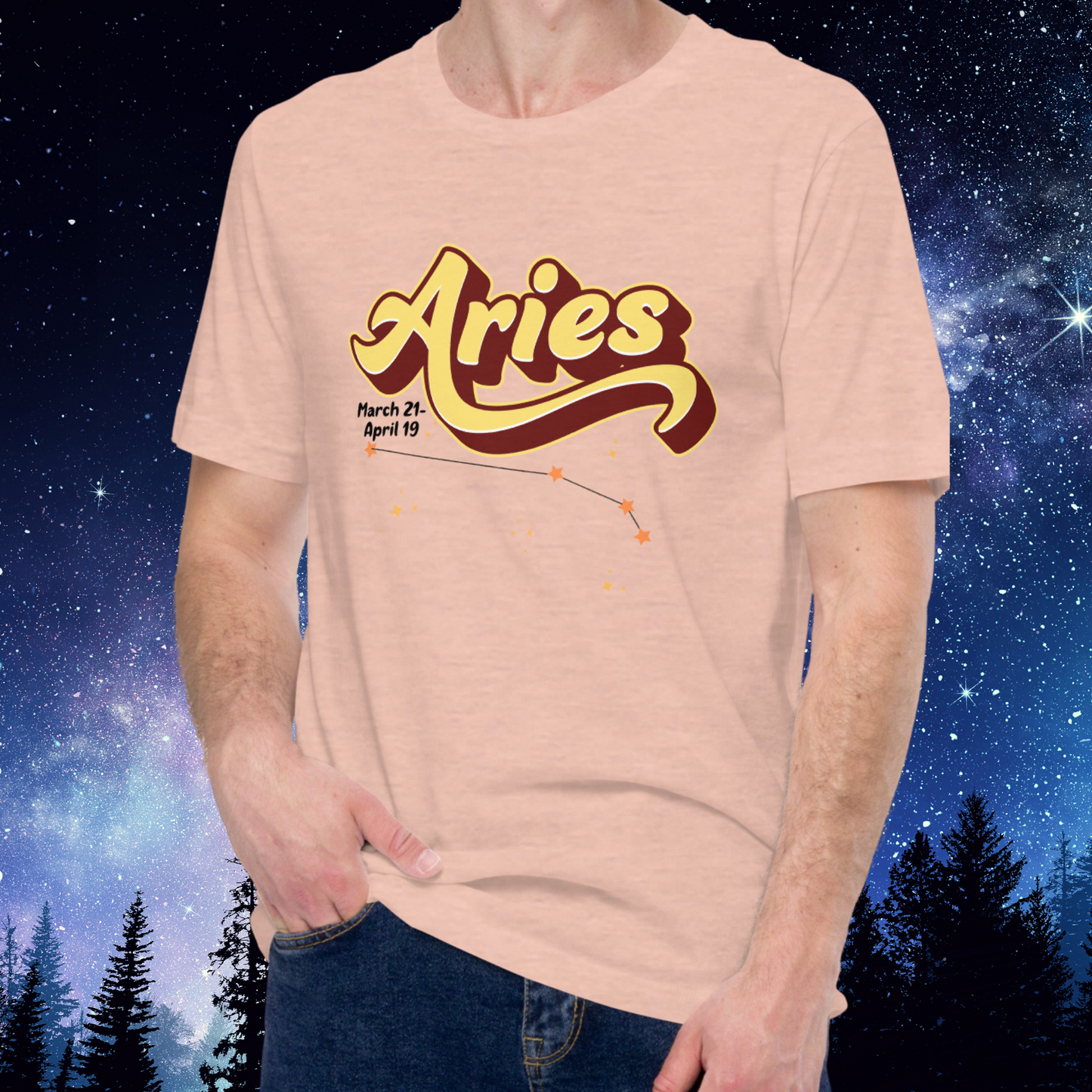 Aries front view of heather prism peach men's astrology t-shirt. At the top the word Aries in light yellow with a maroon shadow for a 3-D effect. Under the A in Aries are the dates March 21-April 19. Below this is the constellation Aries in yellow orange stars connected with a black line surrounded by light yellow stars. The perfect March or April Birthday present for him.