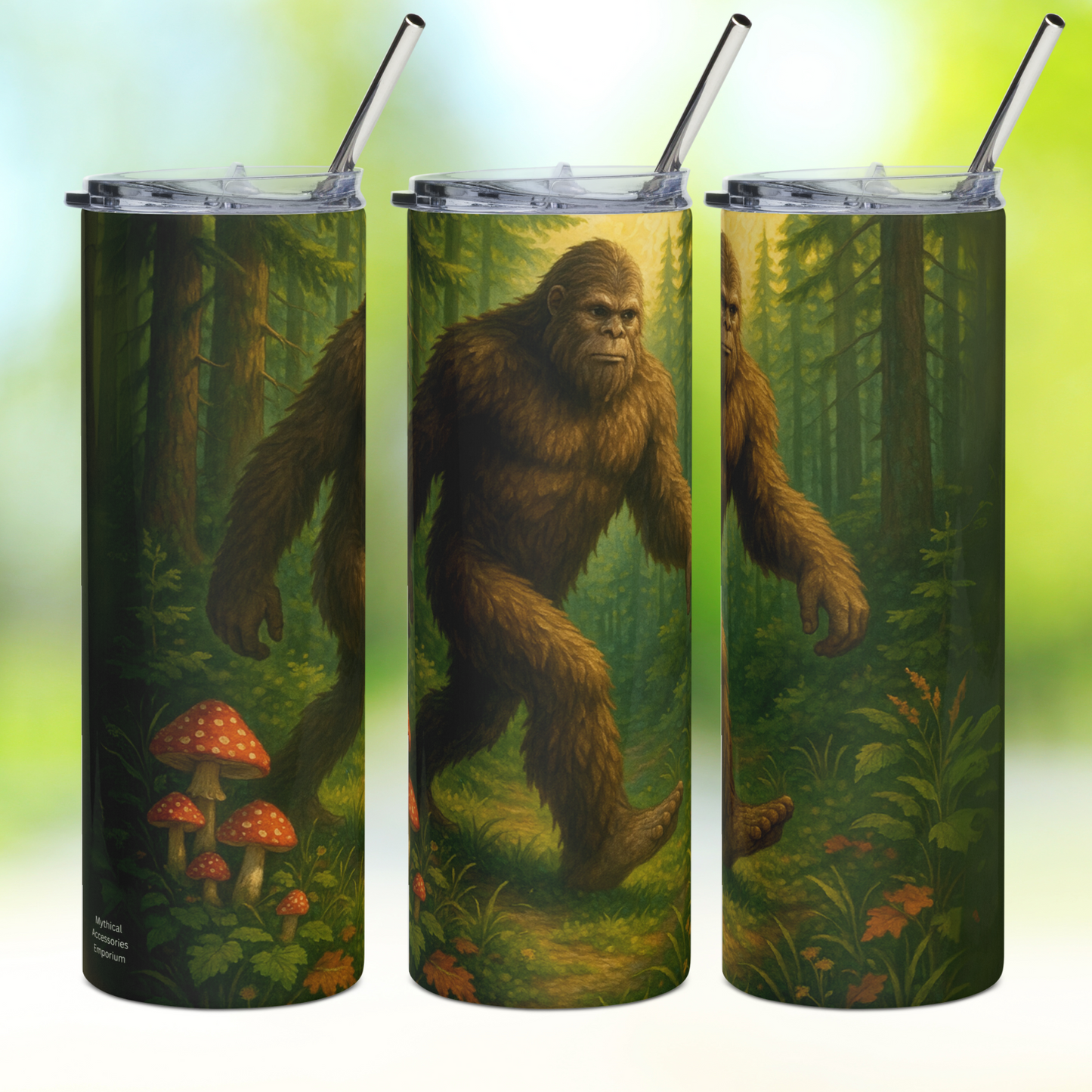 Stainless Steel Tumbler with metal straw sticking out of the top. In this photo you can see the left side, the front, and the right side. The left side shows the right arm of the bigfoot, old growth forest, and orange mushrooms to the side. The front view is big foot striding through the forest. The right side shows the right arm and old growth forest. Sasquatch Fantasy Camping Gifts