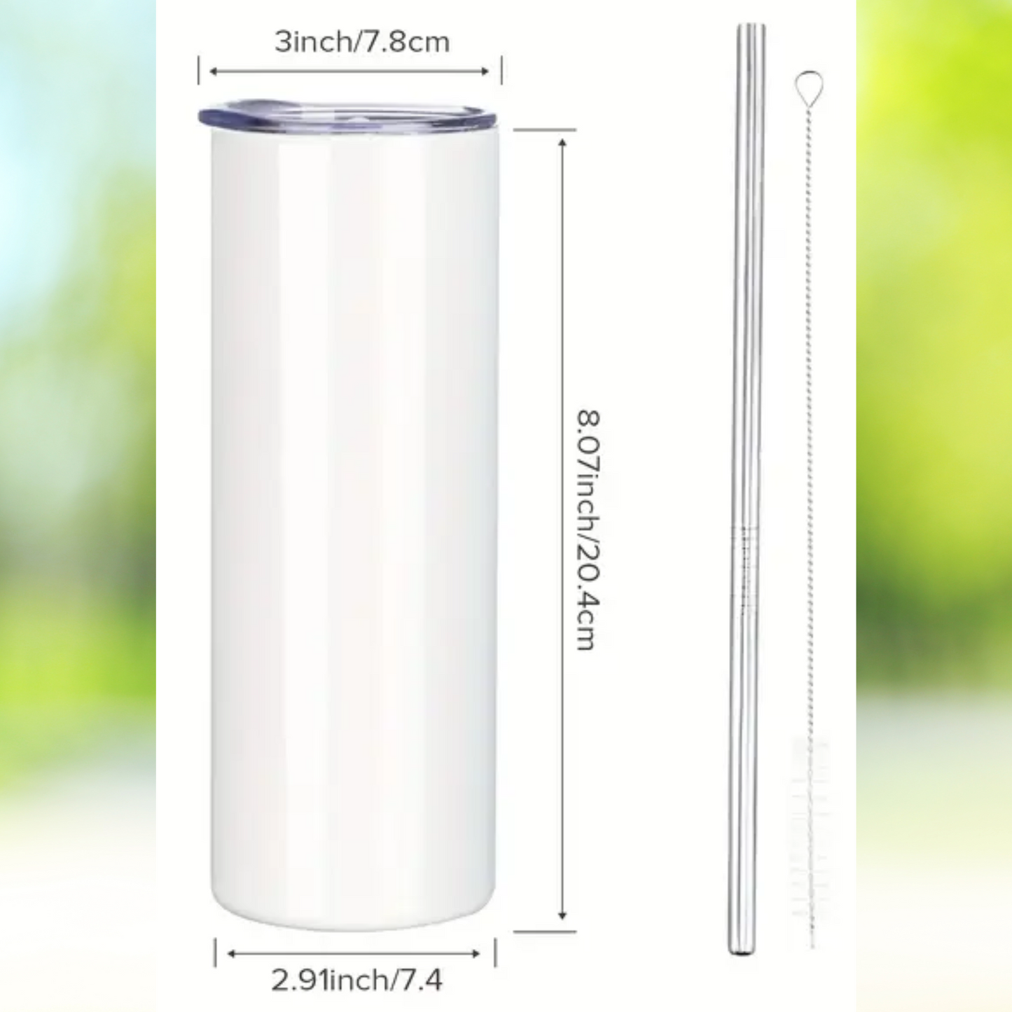 Bigfoot Tumbler size guide. Lid is 3 inches wide. The tumbler is 2.91 inches wide and 8.07 inches tall. This is a set that includes a metal straw and a brush to clean the straw.