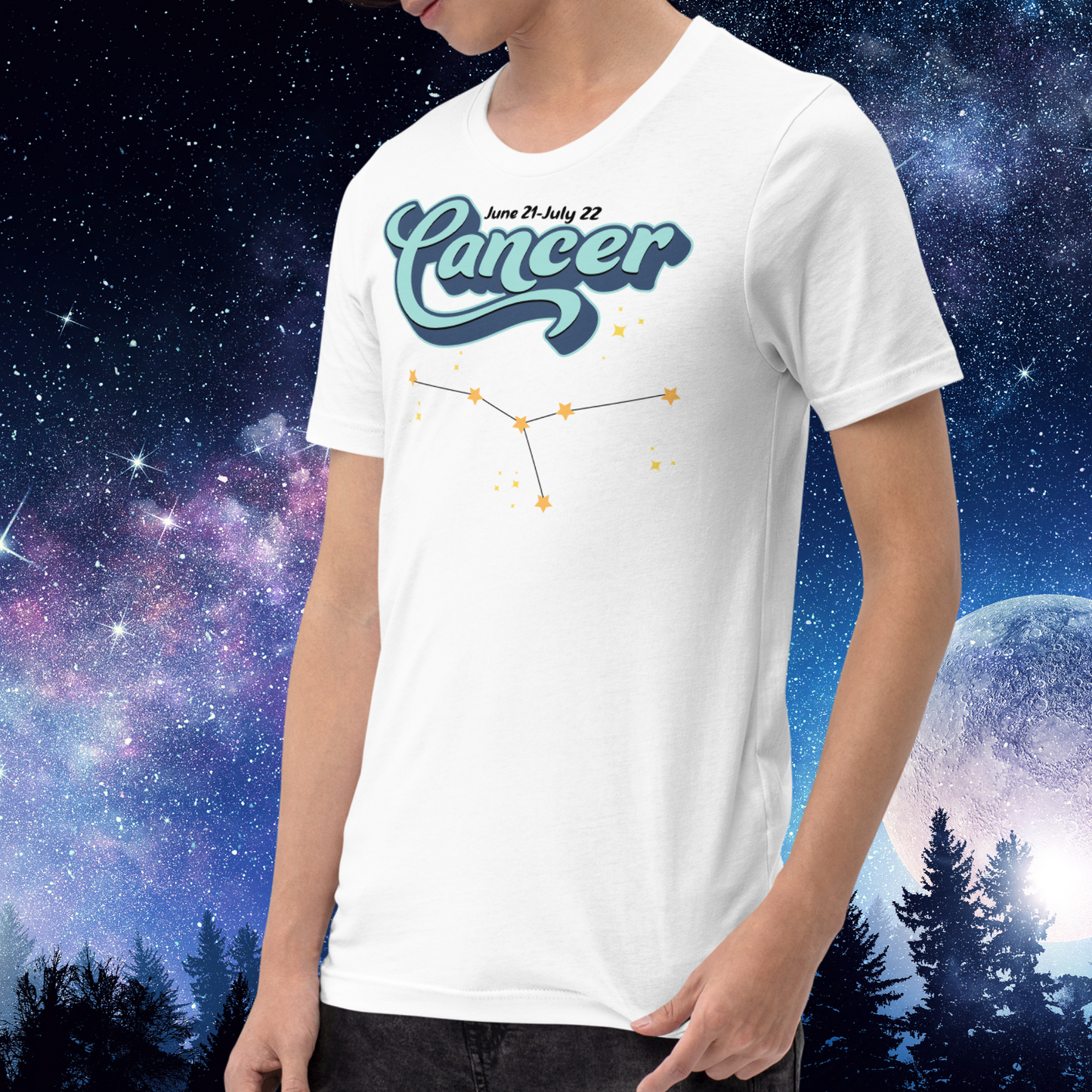 Front left view of model wearing white men's Cancer Tee. This astrology Cancer T-Shirt has the word Cancer in large light blue script shadowed in deep blue for a 3-D effect. Above this it Says June 21-July 22. Under Cancer is the zodiac star constellation with yellow stars connected by a black line and lighter yellow smaller stars surrounding this. The perfect June or July Birthday Gift for him or yourself.