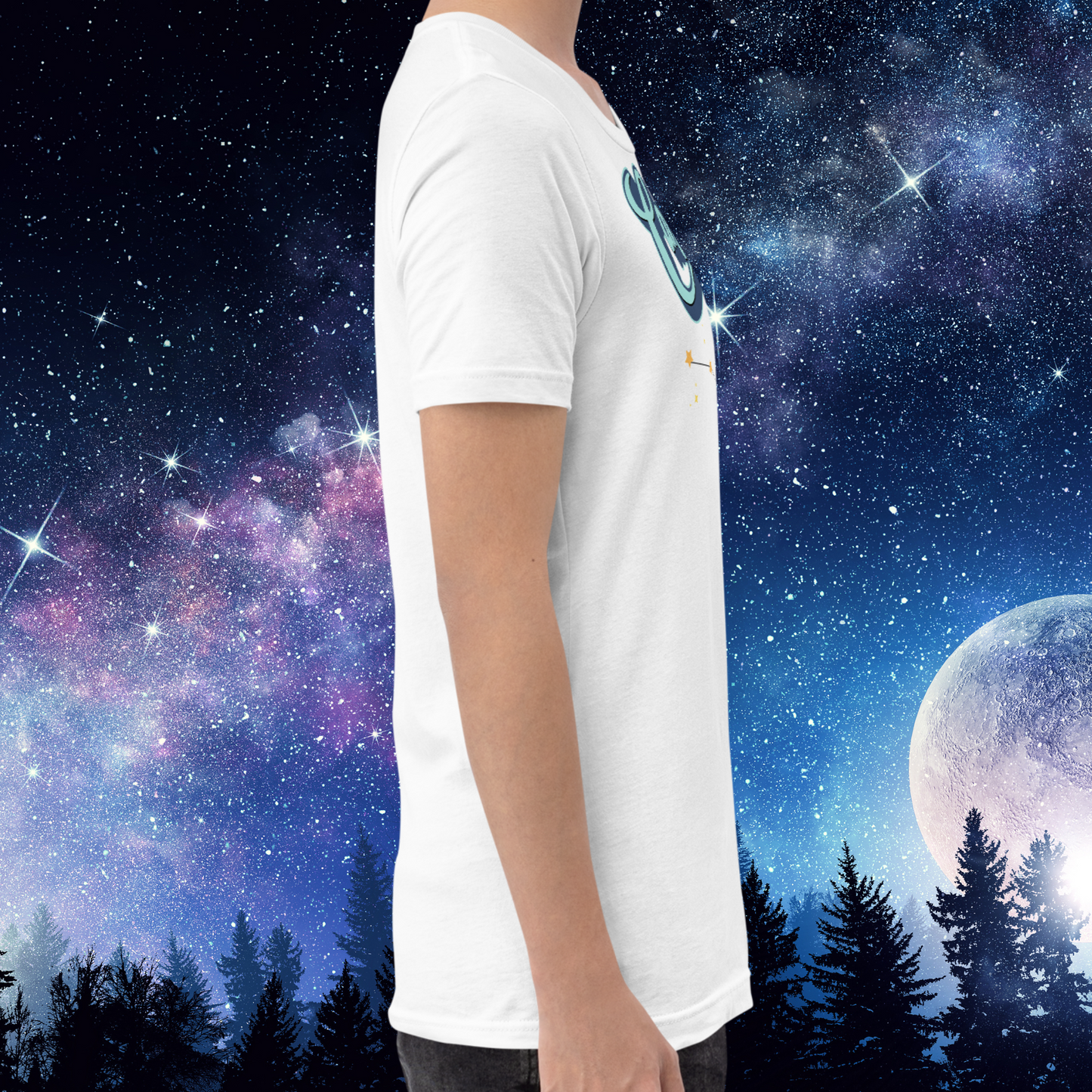 Right side view of model wearing white men's Cancer Tee. You can see the end of the sleeve at mid upper arm, hem ends at hip level on the model. The perfect June or July Birthday Gift for him or yourself.