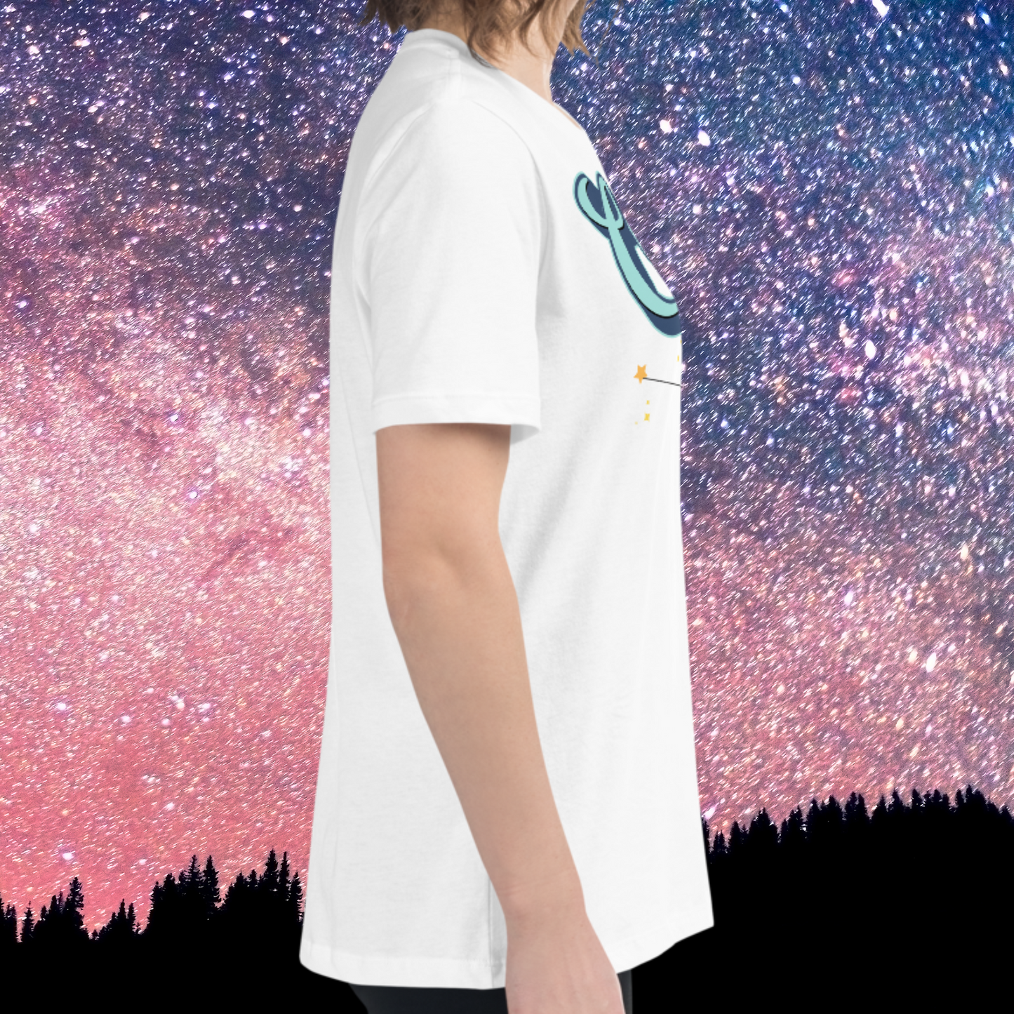 Right side view of model wearing white women's Cancer Tee. This side view of the astrology Cancer T-Shirt shows the side seam, the shoulder, the crew neckline, the sleeve coming to mid upper arm, and the hem ending right below the hip on the model. The perfect June or July Birthday Gift for Her or yourself