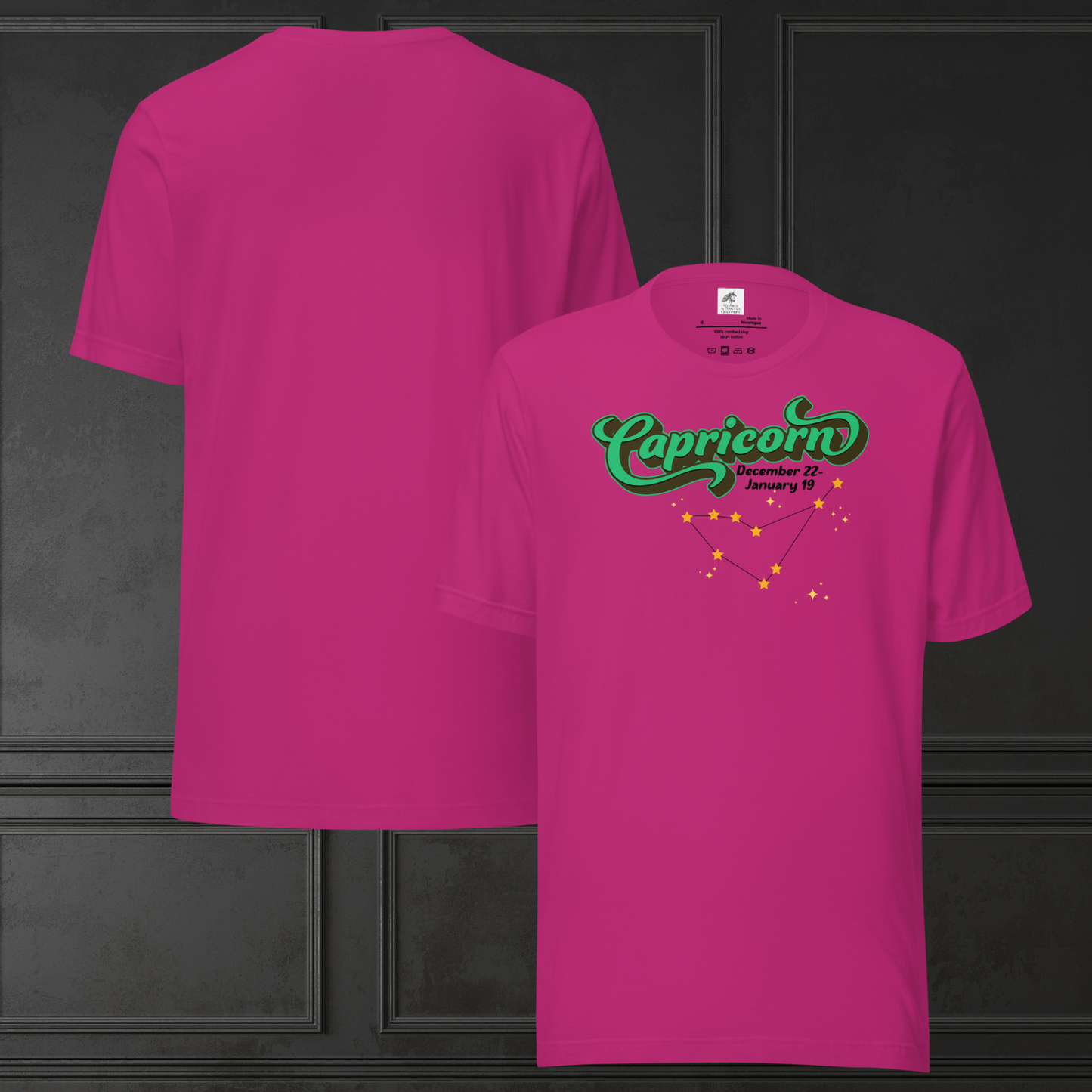 Front and back view of flat berry men's Capricorn Tee. This astrology T-Shirt has the word Capricorn in large bright green script shadowed in deep brown almost black for a 3-D effect. Below this it Says December 22-January 19. Under Capricorn is the zodiac star constellation with yellow stars connected by a black line and lighter yellow smaller stars surrounding this. The perfect December or January Birthday Gift for him or yourself.