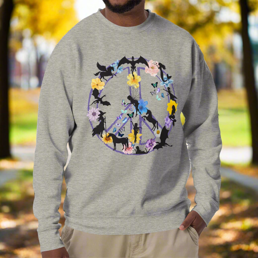 Men's Front View Carbon Grey Fantasy Peace Sign men's Sweatshirt. Purple Peace Sign Outline filled with fantasy creatures dragons, mermaids, fairies, pegasus, a witch, butterflies, and flowers.