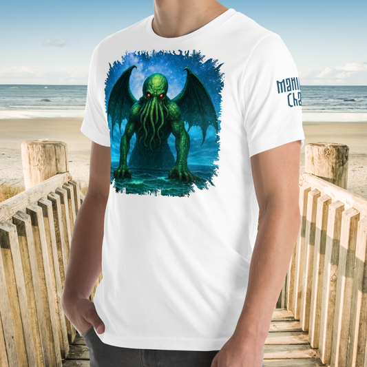 Cthulhu Men's Graphic Tee Right Front View on Model. Cthulhu Men's T-Shirt Front View on Model. Graphic upper half of shirt with night sky background. Cthulhu is emerging from the ocean. Wings spread from his back across the sky as he leans forward with tentacles hanging from his face toward the surface. He glows in green with radiant red eyes. Left sleeve part of the text Manifest Chaos can be seen.