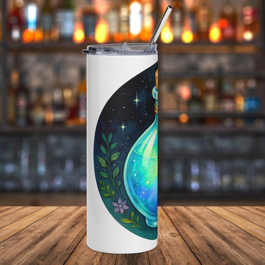 Drink Me Alice in Wonderland Potion Bottle on a white 20 oz stainless steel tumbler with a metal straw. This is the left side view. You can see the left side of a rounded bottle filled with iridescent green, blue, and purple liquid. Vines come up around the side of the bottle. Behind the bottle is a night sky filled with stars. Book Lover's Magic Gift