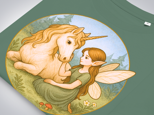 Up Close View of green bay Fantasy graphic tee folded to show graphic. Graphic is a circle. Beneath a blue sky in a forest meadow a winged fairy kneels next to a unicorn while petting it. Fairy is wearing a green dress and has auburn hair.
