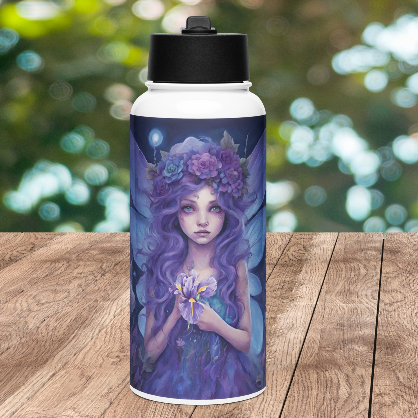 Front View of Stainless Steel Bottle with black lid. Fairy with purple wings, purple hair, purple flower crown, purple dress holding a purple iris in front of her.