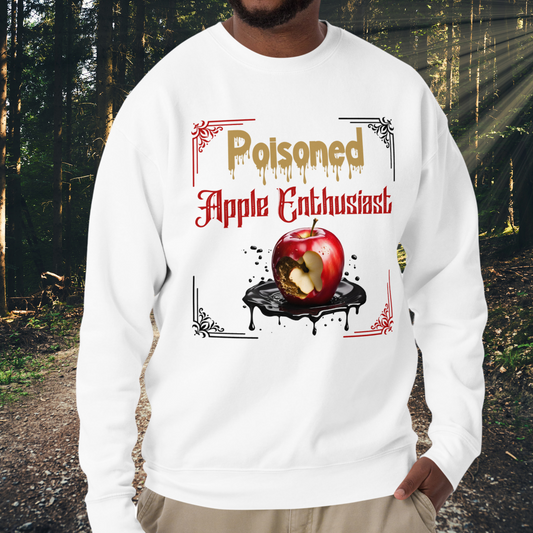 Front View Men's White Sweatshirt, Poisoned Apple Enthusiast above a decaying apple sitting in a black pool of poison. Based on Grimms Fairy Tale Snow White, Dark Fantasy Gift