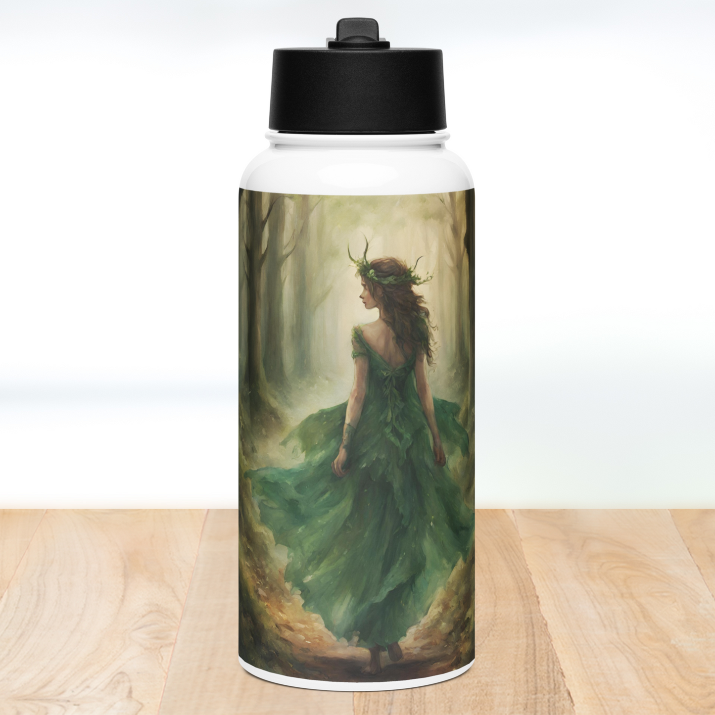 Front view of stainless steel water bottler with a black lid. On the front is a Woodland Elf walking down a forest path with her back to the viewer. Her green gown billows around her. Long dark hair hangs down her back. Her face is turned to the side. She has a crown of green vines and branches.