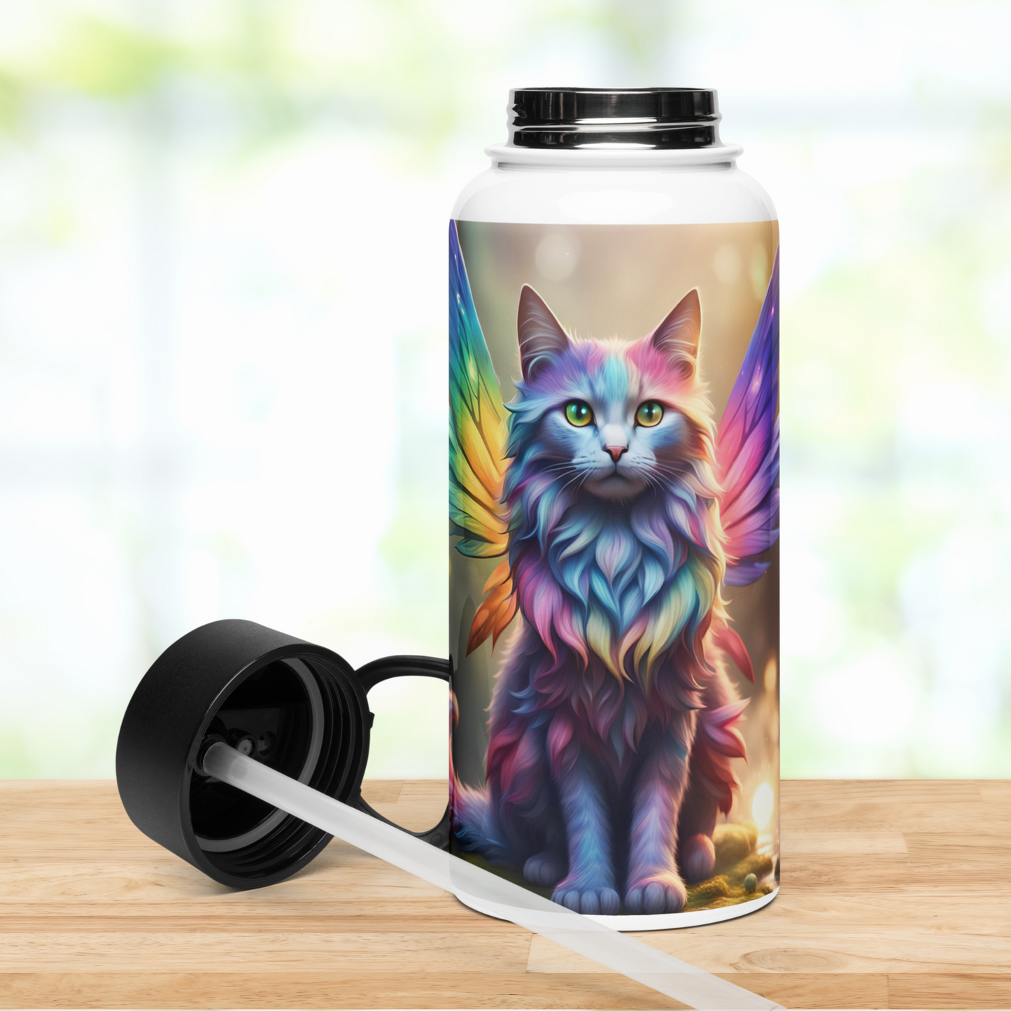 Front view of stainless steel water bottle with black lid next to bottle. You can see the plastic straw inserted into the bottom of the lid.