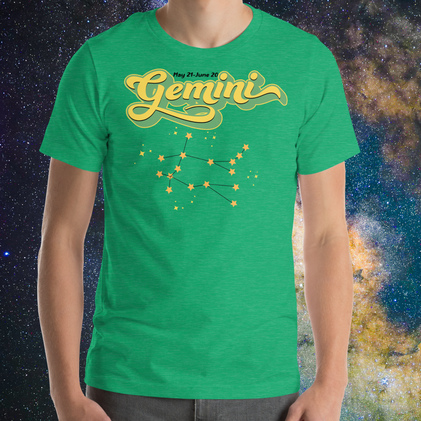 Front view of model wearing heather kelly green men's Gemini Tee. This Astrology T-Shirt has the word Gemini in large lemon yellow script shadowed in bright green for a 3-D effect. Above this it Says May 21-June 20. Under Gemini is the star constellation with yellow stars connected by a black line and yellow smaller stars surrounding this. The perfect May or June Birthday Gift for him or yourself.