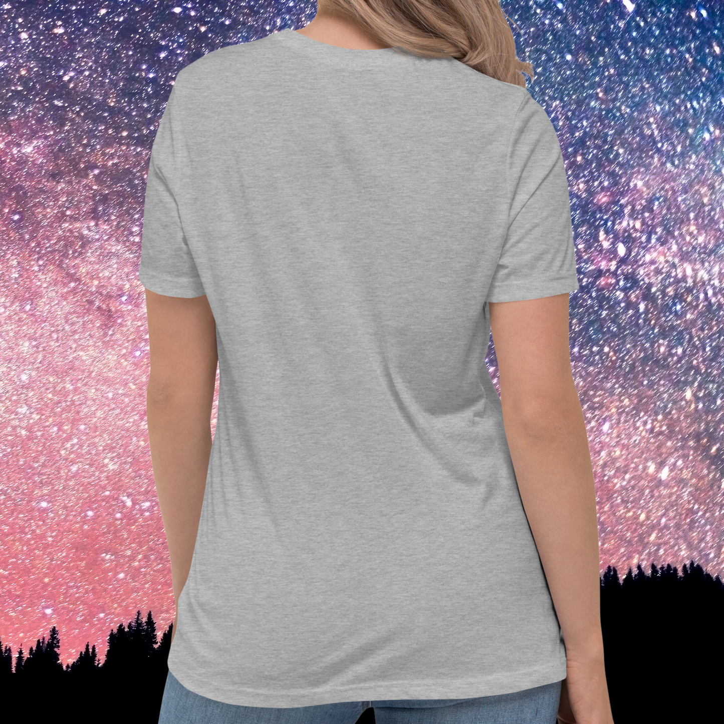 Back view of model wearing athletic heather grey women's Gemini Tee. This Astrology T-Shirt has no print on the back. You can see the short sleeves end at mid upper arm and the hem falls right past the hips, crewneck collar. The perfect May or June Birthday Gift for Her or yourself.