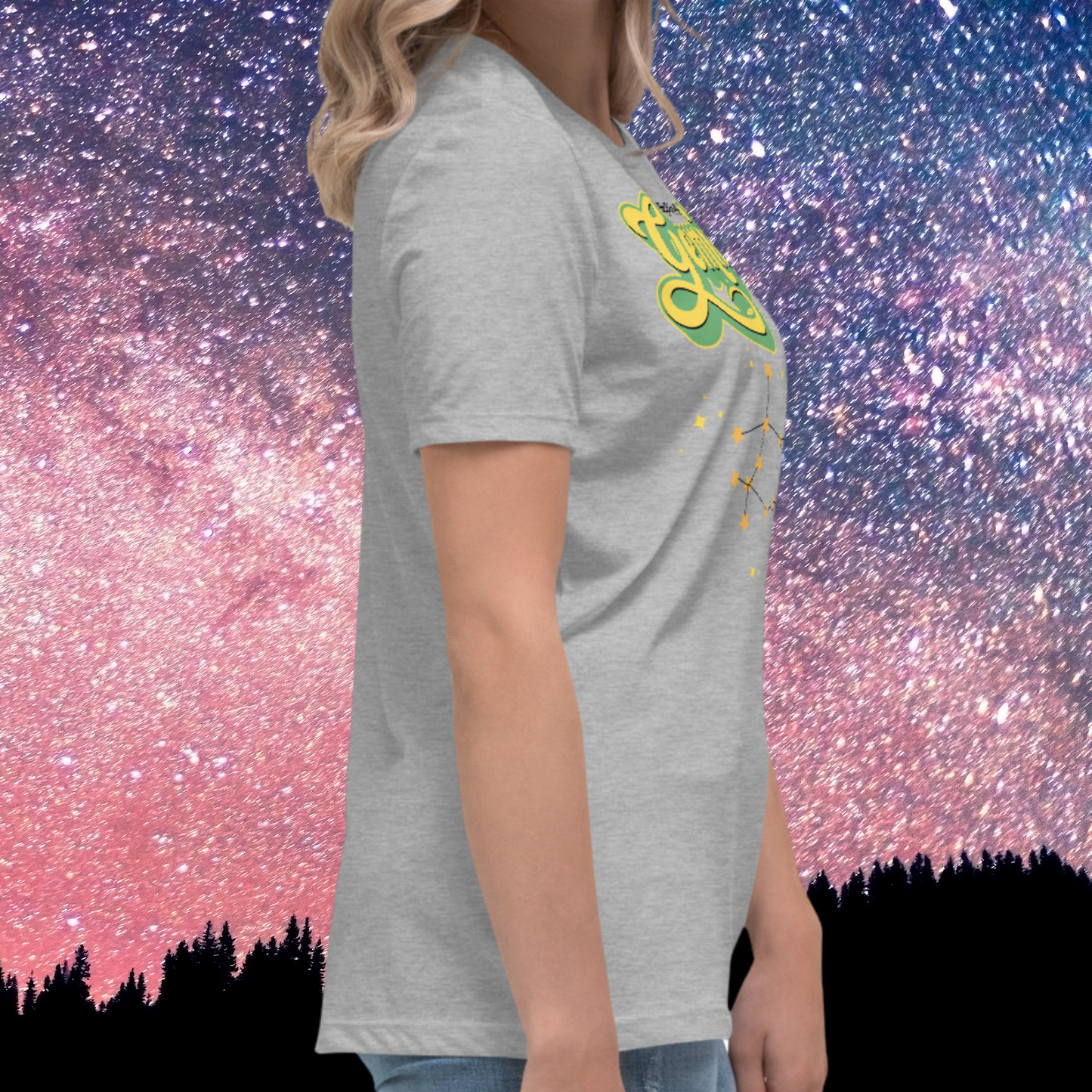 Right side view of model wearing athletic grey women's Gemini Tee. You can see the shoulder line, the end of the sleeve is mid upper arm, the shirt has a side seam, and the hem falls right below the hip on the model. The perfect May or June Birthday Gift for Her or yourself.
