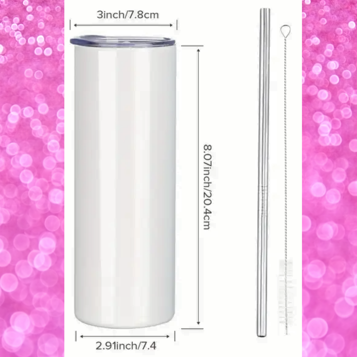 You see a white tumbler with lines and measurements. The lid is 3 inches across. The tumbler is 8.07 inches high and 2.91 inches across. Included are pictures of the metal straw and cleaning brush that come with the tumbler.