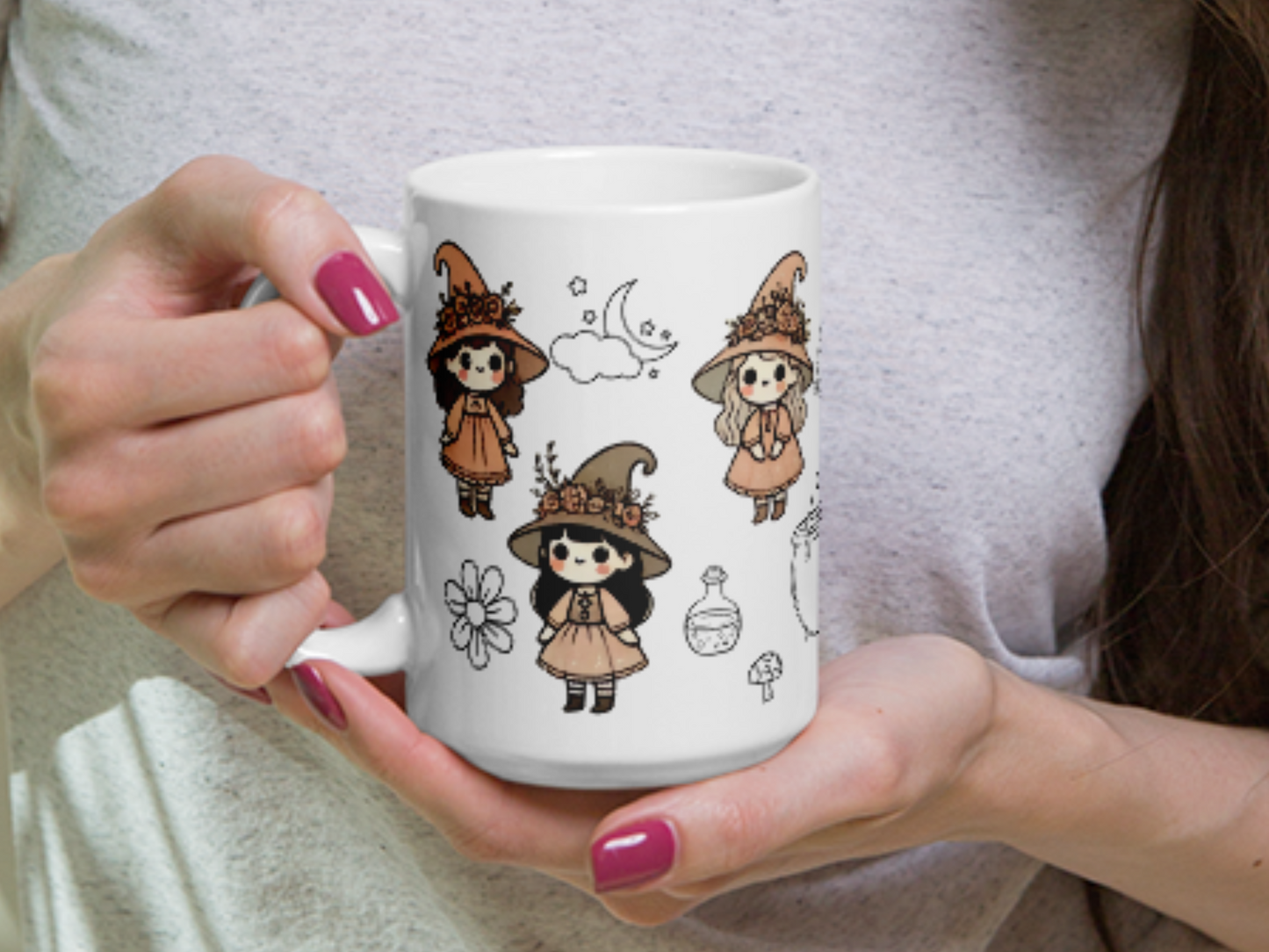 Woman holding vintage witch mug.